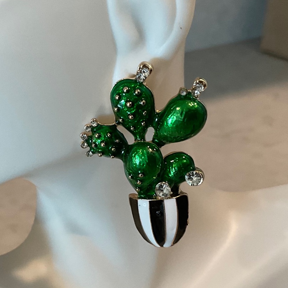 Green Cactus in Black White Enamel Pot w/White Rhinestones Stud Earrings